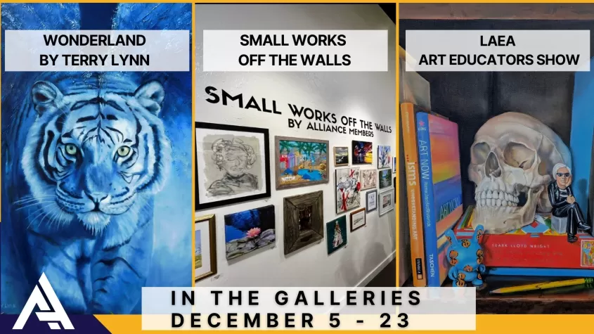 Three pictures of art: left is a tiger in shades of blue, middle is of wall of different paintings and right is of a skull on a bookcase